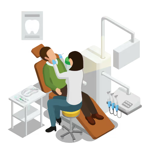 The image depicts a dental office setting where a dentist is performing an examination on a patient using a dental chair, with various dental equipment such as a dental lamp and a dental mirror visible around them.